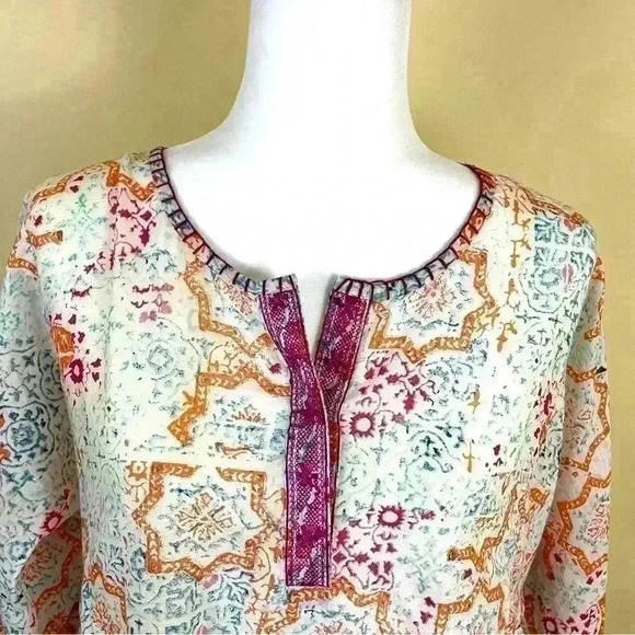 Sigrid Olsen Boho 100% Cotton Geometric Embroidered Peasant Tunic Top Size M - Picture 6 of 15